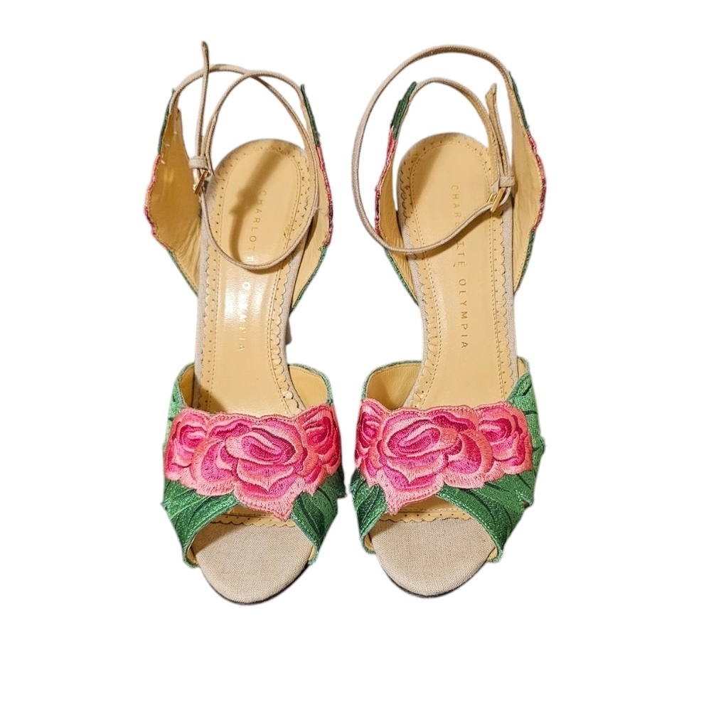 Charlotte Olympia Roselina Rose Floral Embroidered Heels Sandals EU 38 Rare - Picture 3 of 12